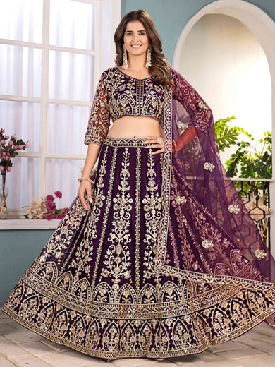 Captivating Wine Net Sequins Embroidered Bridemaids Lehenga Choli